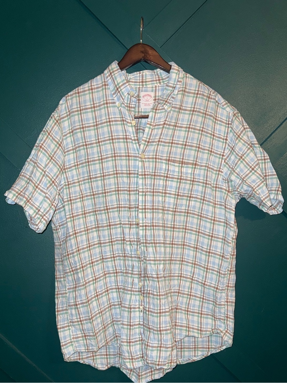 Brooks Brothers Light Blue, White & Tan Plaid Short-Sleeve Button-Down 100 Linen